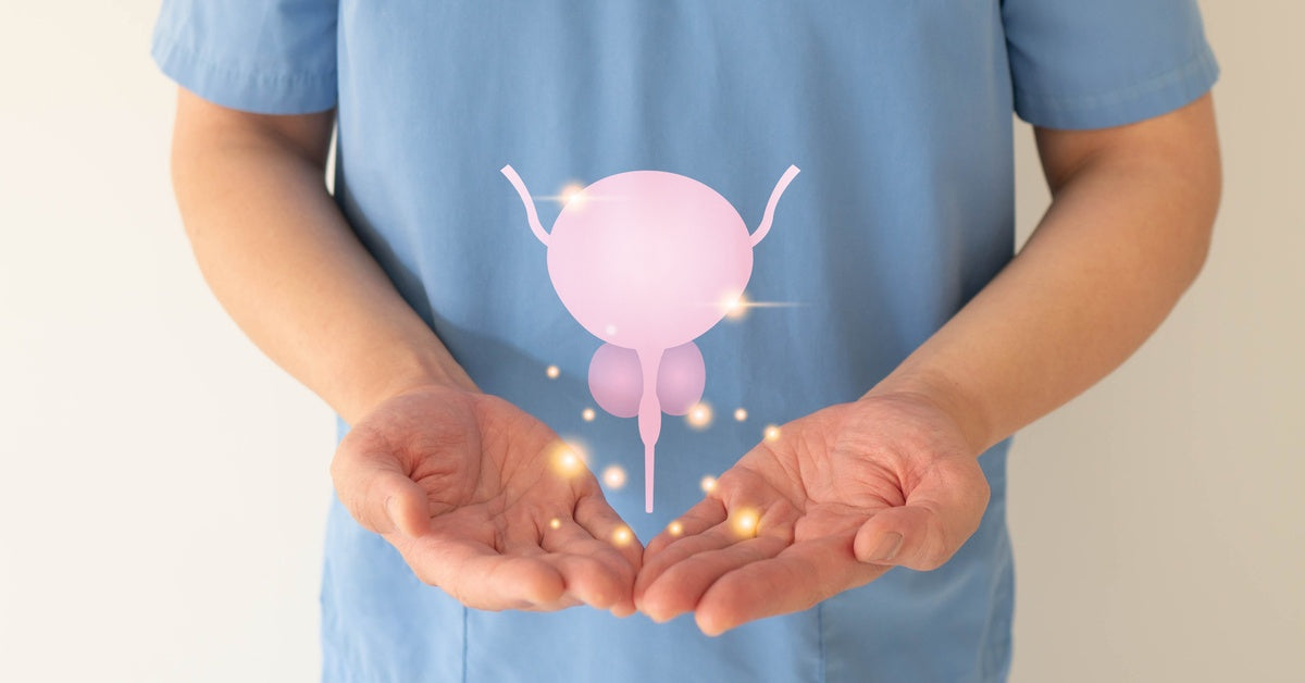A person wearing a blue shirt has their hands outstretched while a large bladder and prostate hologram hovers.