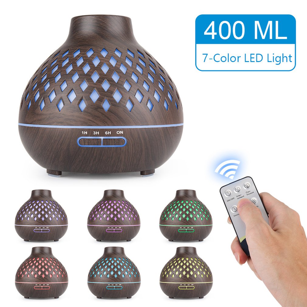 400ML Wood Cut Out Essential Oil Diffuser - 7 Color LED Lights- Remote Control