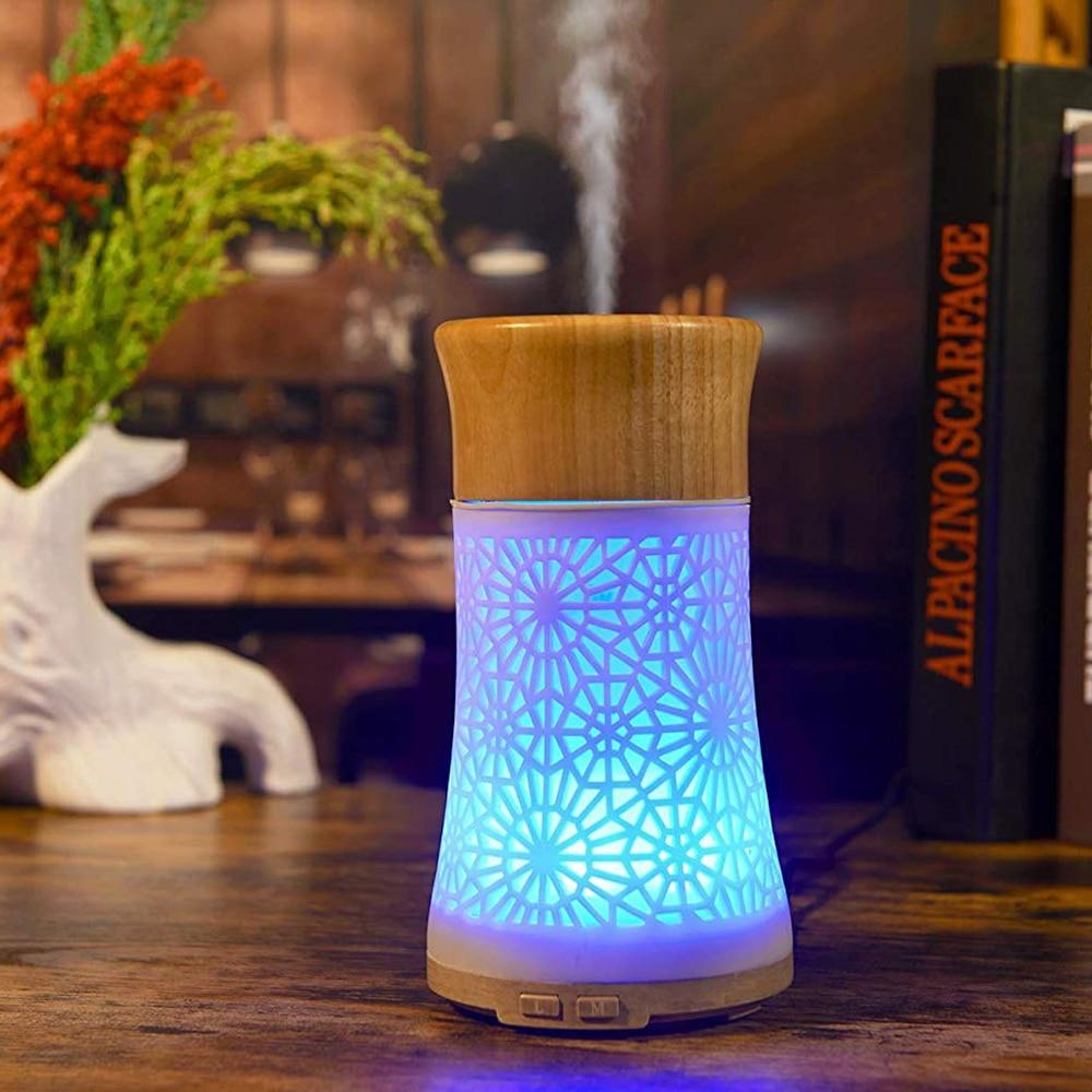 120ml Wood Cutout Ultrasonic Essential Oil Diffuser LED BPA Free