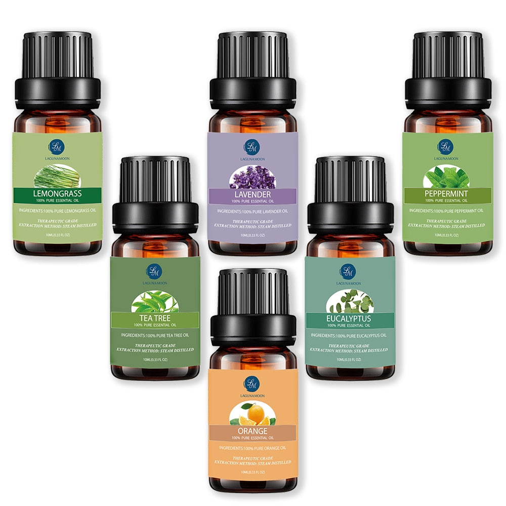 100% Pure Essential Oils 10ML 6pcs Aromatherapy Eucalyptus Peppermint Lemongrass Orange Tea Tree